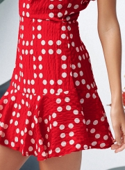 Fashion Backless Floral Printed Round Neck Dress With Polka Dot