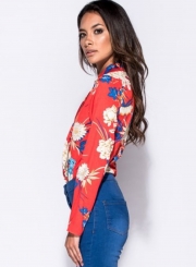 fashion Sexy Floral Printed Long Sleeve V Neck Skinny Jumpsuits