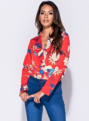 fashion Sexy Floral Printed Long Sleeve V Neck Skinny Jumpsuits