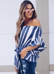 Fashion Sexy Loose Striped Flare Sleeve Off The Shoulder Blouse