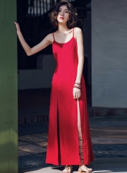 Fashion Solid Vintage Spaghetti Strap Backless Slit Maxi Dress