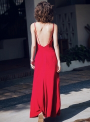 Fashion Solid Vintage Spaghetti Strap Backless Slit Maxi Dress