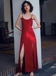 Fashion Solid Vintage Spaghetti Strap Backless Slit Maxi Dress