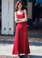 Fashion Solid Vintage Spaghetti Strap Backless Slit Maxi Dress