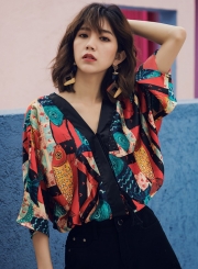 Fashion Beach Floral Printed Flare Sleeve V Neck Vintage Women Blouse