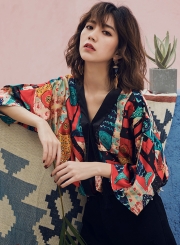 Fashion Beach Floral Printed Flare Sleeve V Neck Vintage Women Blouse