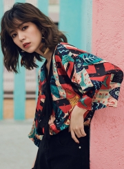 Fashion Beach Floral Printed Flare Sleeve V Neck Vintage Women Blouse