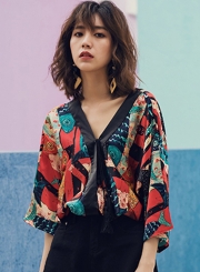 Fashion Beach Floral Printed Flare Sleeve V Neck Vintage Women Blouse