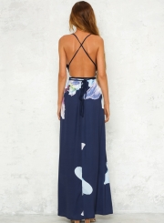 Fashion Sexy Floral Printed Strap Backless Slit V Neck Maxi Dress