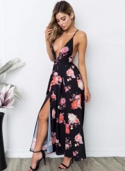 Fashion Floral Printed Strap Backless Deep V Neck Slit Women Jumpsuits