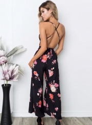 Fashion Floral Printed Strap Backless Deep V Neck Slit Women Jumpsuits
