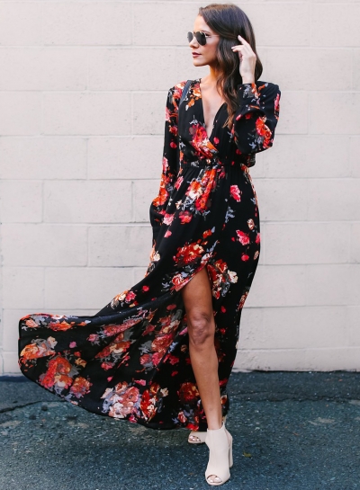 Spring Sexy Slit Floral printing Long Sleeve V Neck Maxi Dress LEXELFASHIONINTSHOPS.com