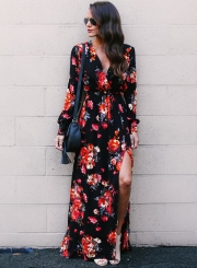 Spring Sexy Slit Floral printing Long Sleeve V Neck Maxi Dress