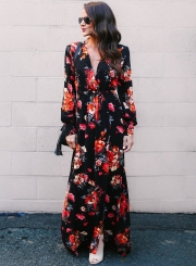 Spring Sexy Slit Floral printing Long Sleeve V Neck Maxi Dress