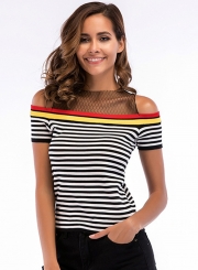 Striped Mesh Short Sleeve Off  Shoulder Sweater Tank Top