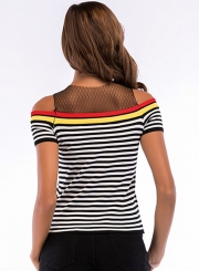 Striped Mesh Short Sleeve Off  Shoulder Sweater Tank Top