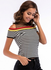 Striped Mesh Short Sleeve Off  Shoulder Sweater Tank Top