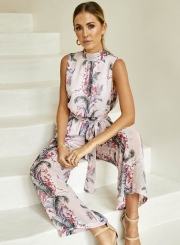 Floral Printed Chiffon Round Neck Women Wide leg Jumpsuits With Ribbons