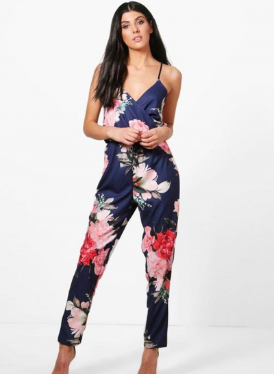 Fashion Floral Printed Strap V Neck Jumpsuits With Elastic Waist YOUYOUFASHIONEC.com