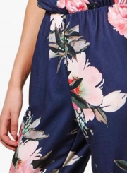 Fashion Floral Printed Strap V Neck Jumpsuits With Elastic Waist
