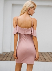 Solid Spaghetti Strap Off The Shoulder Short Sleeve Flare Bodycon Dress