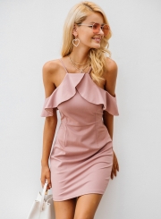 Solid Spaghetti Strap Off The Shoulder Short Sleeve Flare Bodycon Dress