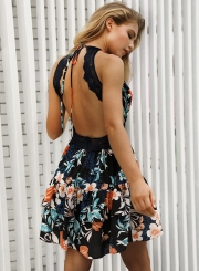 Fashion Floral Printed Spaghetti Stra Backless Hollowed Out Dress