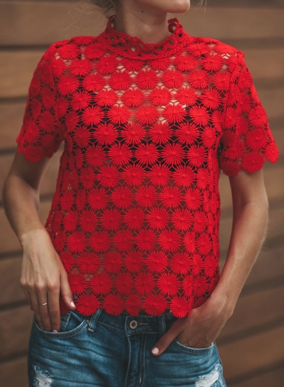 Fashion Solid Short Sleeve Floral lace Hollowed Out Tee Shirt