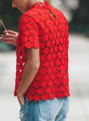 Fashion Solid Short Sleeve Floral lace Hollowed Out Tee Shirt
