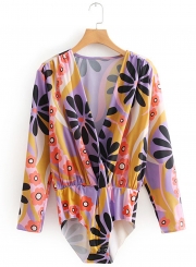 Fashion Summer Floral Printed Long Sleeve V Neck Women Jumpsuits