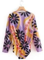 Fashion Summer Floral Printed Long Sleeve V Neck Women Jumpsuits