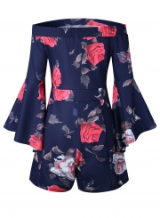 Fashion Sexy Floral Printed Off The Shoulder Flare Sleeve Women Jumpsuits