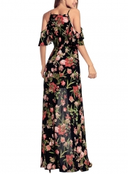 Floral Printed Lace-up Strap Off The Shoulder Short Sleeve Slit Maxi Dress