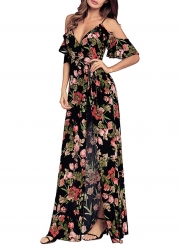 Floral Printed Lace-up Strap Off The Shoulder Short Sleeve Slit Maxi Dress