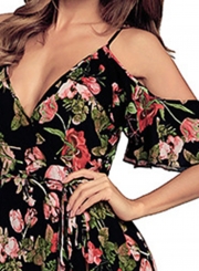 Floral Printed Lace-up Strap Off The Shoulder Short Sleeve Slit Maxi Dress