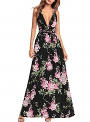 Fashion Floral printed Tie Waist Sleeveless V Neck Maxi Dress