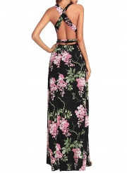 Fashion Floral printed Tie Waist Sleeveless V Neck Maxi Dress