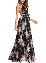 Fashion Floral printed Tie Waist Sleeveless V Neck Maxi Dress