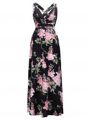 Fashion Floral printed Tie Waist Sleeveless V Neck Maxi Dress