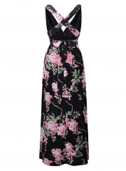 Fashion Floral printed Tie Waist Sleeveless V Neck Maxi Dress