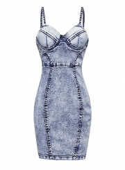 Fashion Sexy Denim Spaghetti Strap Round Neck Bodycon Dress With Zip