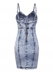 Fashion Sexy Denim Spaghetti Strap Round Neck Bodycon Dress With Zip