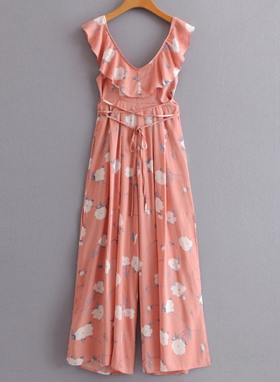 Fashion Loose Floral Printed Lace-up Flounced V Neck Jumpsuits YOUYOUFASHIONEC.com