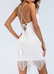 Fashion Solid Lace Spaghetti Strap Sleeveless Backess Women Bodycon Dress