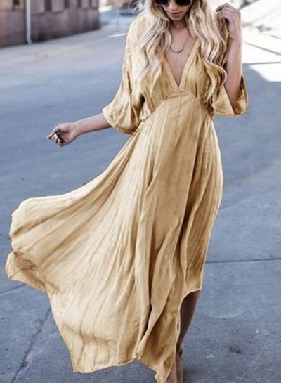 Fashion Concise Loose Solid Half Sleeve V Neck Maxi Dress LEXELFASHIONINTSHOPS.com