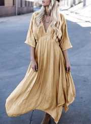 Fashion Concise Loose Solid Half Sleeve V Neck Maxi Dress