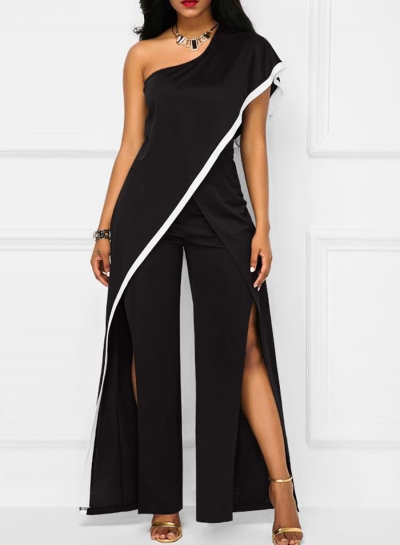 Fashion Casual Loose Color Blocked One Shoulder Slit Women Jumpsuits LEXELFASHIONINTSHOPS.com