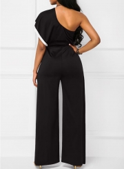 Fashion Casual Loose Color Blocked One Shoulder Slit Women Jumpsuits