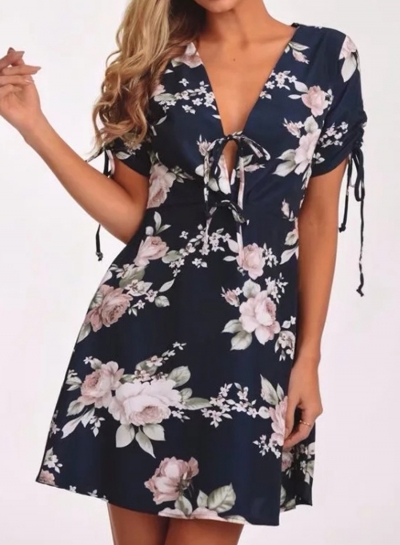 Fashion Sexy Loose Floral Printed Lace-up Short Sleeve V Neck Women Dress