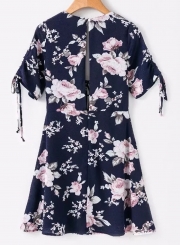 Fashion Sexy Loose Floral Printed Lace-up Short Sleeve V Neck Women Dress